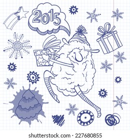 New Year`s Set. Vector illustration, skech with Lamb - symbol of New Year 2015