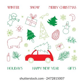 The New Year's set, which contains winter and holiday attributes, is made in vector graphics