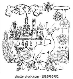 New Year's sketch of the French castle of Chaumbor. Deer on the background of the castle in a frame of snowflakes, galaxies, spruce branches and s Coloring book page for adults, kidsocks. Hand-drawn .