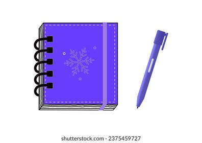 New Year's sketchbook with a snowflake. Closed paper notebook in hardcover. Workbook with elastic band, spiral. Diary, planner, note organizer. Office business document with pen. Vector illustration.