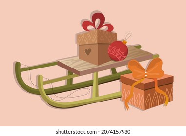 New Year's sleigh with gifts. Christmas illustration. Vector illustration
