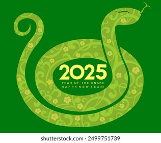 New years snake greeting card in 2025. Chinese New Year 2025.  Background with green snake. Year of snake, Funny print design with animal. Flyer Template,Chinese zodiac Snake symbol Vector