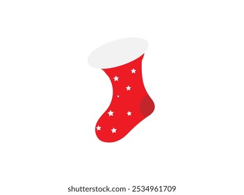 Calcetín de Año Nuevo rojo con estrellas blancas sobre un fondo blanco, 