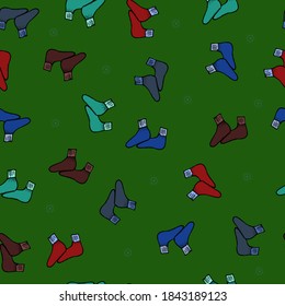 New Year's socks of different colors, patterns. The motives are not in a specific order. Geometric seamless vector texture, green background. For all trendy prints