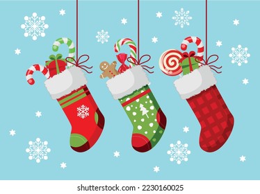 New Year's socks with sweets and gifts inside. background with snowflakes