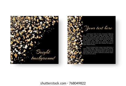 New Year's sparkling square background of brochure with bright falling stars of confetti for festive decoration