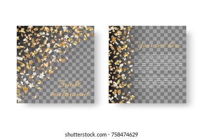 New Year's sparkling square layout of an advertising leaflet with golden soaring stars of confetti for a festive decoration
