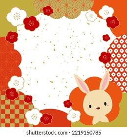 New Year's square banner 2023 with Japanese style pattern, Plum blossom and rabbits