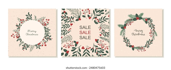 New Year's square post templates for social media. Christmas theme. Templates with winter plants, berries and branches. Vector