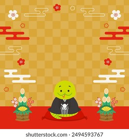 New years square web banner of the green snake wearing kimono in 2025