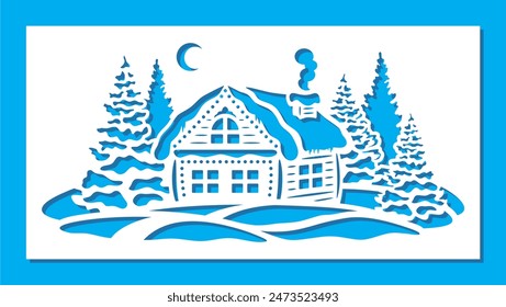 New Year's stencil. Cozy hut with a chimney in a winter snowy forest, among firs and snowdrifts, crescent moon in the sky. Vector template for plotter laser cutting of paper, carving, engraving, cnc.