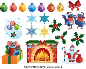 New Year's stickers. Santa Claus, fireplace, balls, candies, Christmas mouse, cake, berries, love birds, snowflakes, bow.