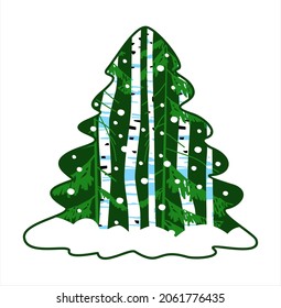 New Year's stylized fir and birch trees in a snowdrift. Snowy forest. Flat vector illustration.
