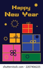 New Year's stylized minimalistic card with gifts and a signature on a dark background.