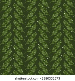 New Year's symbols - branches of Christmas tree, pine, cedar. Elegant seamless pattern with evergreens and snowflakes on dark green background. Great for Christmas wrapping paper, packaging, textile.