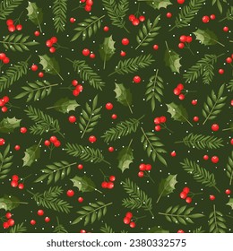 New Year's symbols - branches of Christmas tree, pine, cedar, berries holly and snowflakes. Elegant seamless pattern on dark green background. Great for Christmas wrapping paper, packaging, textile. 