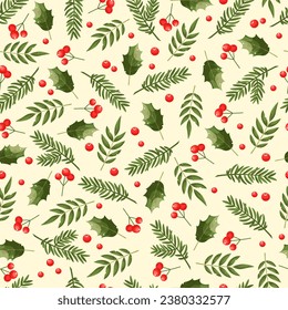 New Year's symbols - branches of Christmas tree, pine, cedar, berries holly. Elegant seamless pattern on a light background. Great for Christmas wrapping paper, packaging, textile. Festive concept.