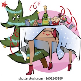 
The New Year's table was beautifully dressed up in honor of the holiday. All products and Christmas tree are surprised. Primary colors: red, pink, silver, green, blue