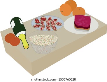 New Year's table in Russia, Moscow, Vladivostok, Siberia, the Trans-Siberian Railway. food on the festive table. vector. herring under a fur coat, olivier, winter salad, Russian ralat, potato salad, s