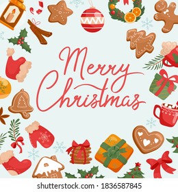 New Year's template. Cute christmas banner design in cartoon style. Set of festive elements, christmas tree, santa claus, gingerbread cookies and more.