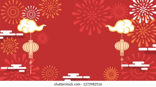 New Year's template with fireworks and golden clouds, chinese elements,red background - illustration