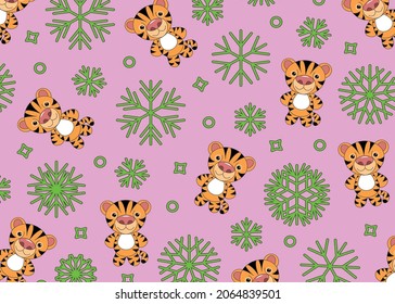 Plantilla de Año Nuevo con cachorros de tigre y copos de nieve. Imagen multicolor e vívida. Elemento de diseño para 2022. Ilustración vectorial.