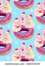 New Year's texture with pigs, background with pigs, funny pigs. Seamless vector pattern with piglet.