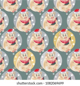 New Year's texture with pigs, background with pigs, funny pigs. Seamless vector pattern with piglet.