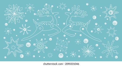 New Year's theme - a set of snowflakes, snow, deer.For fabrics, for printing brochures, posters, parties, vintage textile design, postcards, packaging.