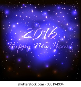 New Years theme, shiny blue background with stars and blurry lights, illustration.
