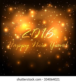 New Years theme, shiny golden background with stars and blurry lights, illustration.