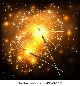 New Years theme with two glowing sparklers on dark background, sparkling Bengal lights, illustration.