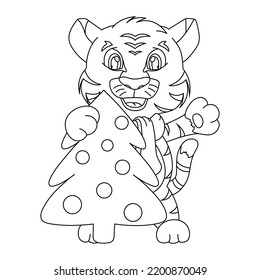 New Year's tiger cub waving, Christmas tree with balloons, hand drawing, line 