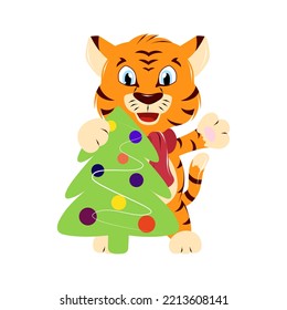 New Year's tiger cub waving, Christmas tree with balloons, hand drawing 