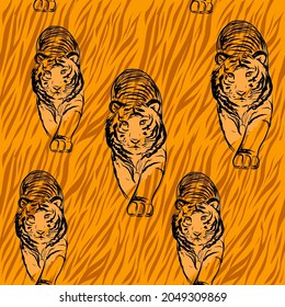 New Year's tiger drawn in one line on the background of tiger stripes seamless pattern. Vector illustration. Symbol of the year 2022