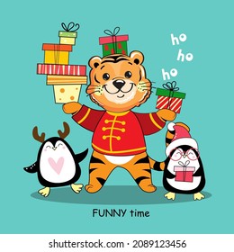 New Year's tiger is the symbol of the Chinese year 2022 and the penguins. Vector cartoon christmas illustration for kids
