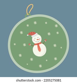Un jouet de Nouvel An en forme de boule verte avec un bonhomme de neige. Un style de dessin simple. Modèle pour la conception d'une carte de Noël. Illustration vectorielle isolée.