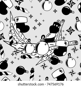 New Year's toys and accessories. Seamless patern, black and white, hand-drawn