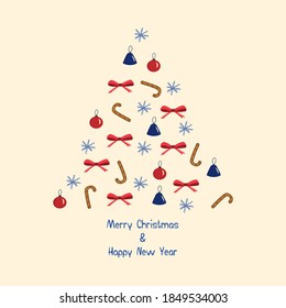 New Years toys are laid out in the shape of Christmas tree. Merry Christmas and Happy New Year. Glass balls red color, blue bells, red bows, gingerbread cookie in the shape of cane, snow. Vector card