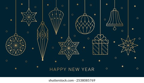 Línea de juguetes del año Nuevo composición de diseño de arte. Adornado oro lineal árbol de Navidad colgando bolas, regalo, estrellas, copo de nieve, conos de carámbanos decoraciones sobre el fondo azul oscuro. Anuncio de Vector EPS 10.