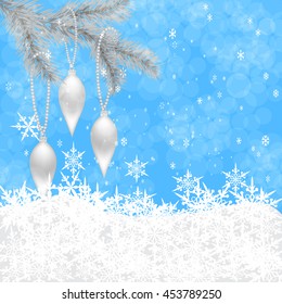 New Year's toys on hangers on a background of falling snow. Vector illustration