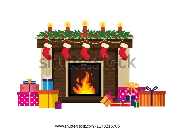 New Years Traditional Fireplace Christmas Brown Stock Vector