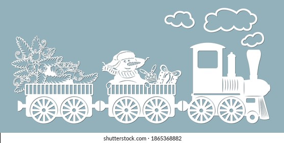 New year's train delivers gifts and a Christmas tree with a snowman. Laser cutting. Vector illustration. Template for laser cutting, scrapbooking, plotter and screen printing.
