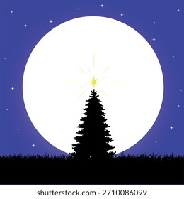 un árbol de Año Nuevo acompañado por una luna llena, una estrella brillante