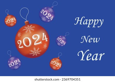 Bolas de árbol de Año Nuevo 2024 para decoración festiva sobre fondo azul. Navidad.