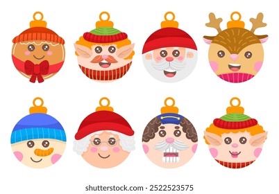 New Year's tree decoration set of cartoon cute characters in flat style. Santa Claus, elf, deer, gingerbread and others.