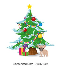 New Year's tree with gifts and a dog, a symbol of the new year 2018. Vector.