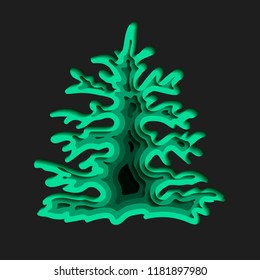 New Year's tree in style paper cut. Multilayer illustration. Spruce.