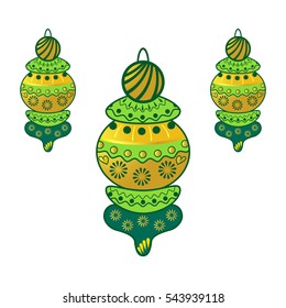 New Year's tree toy with ornament. Colorful hand drawn tree decoration in green and golden tones. Festive design element isolated on a white background.