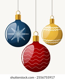 New Year's tree toys. Glass balls with patterns. Holiday vector illustration.